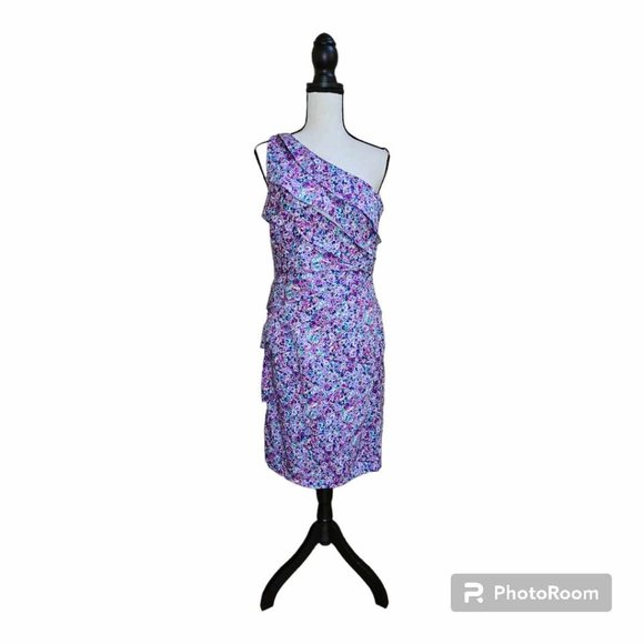 London Times One-Shoulder Dress Purple Floral Ruffled Tiered Size 12 - Picture 1 of 8